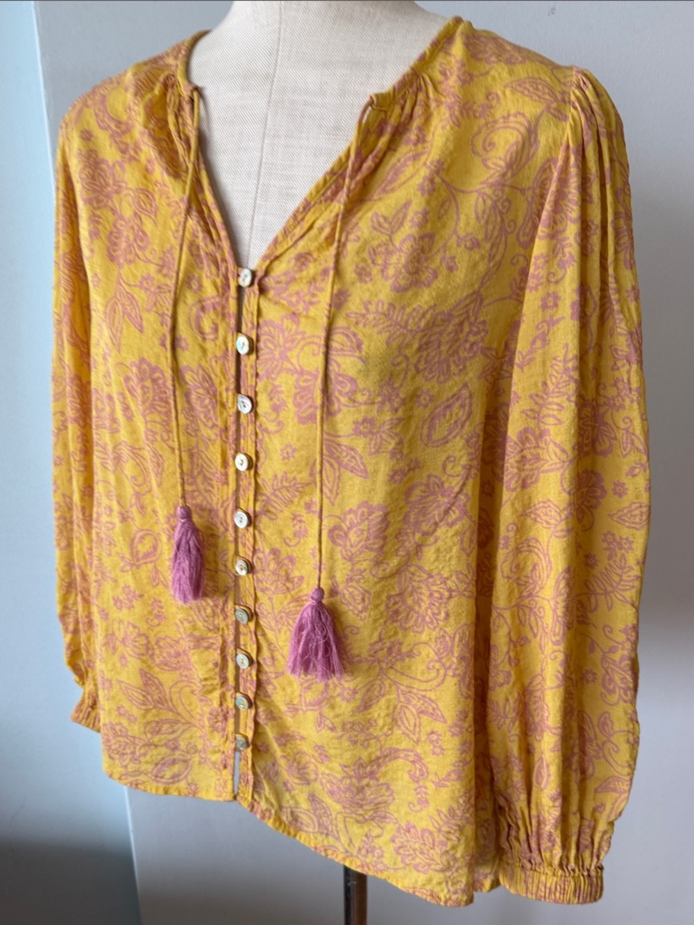 By Together Yellow Floral Button-Front Blouse with Pink Tassels